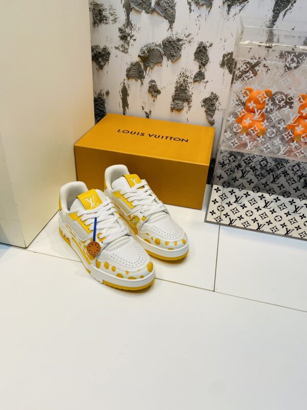 White & Yellow Polka Dot Low-Top Leather Sneakers