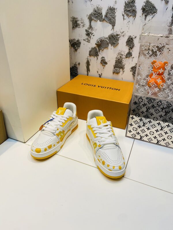 White & Yellow Polka Dot Low-Top Leather Sneakers