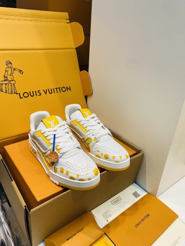 White & Yellow Polka Dot Low-Top Leather Sneakers