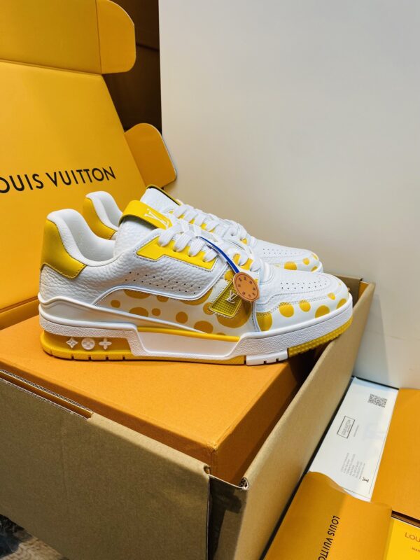 White & Yellow Polka Dot Low-Top Leather Sneakers