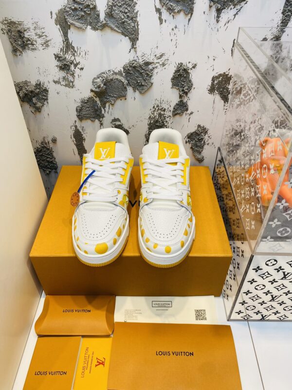 White & Yellow Polka Dot Low-Top Leather Sneakers