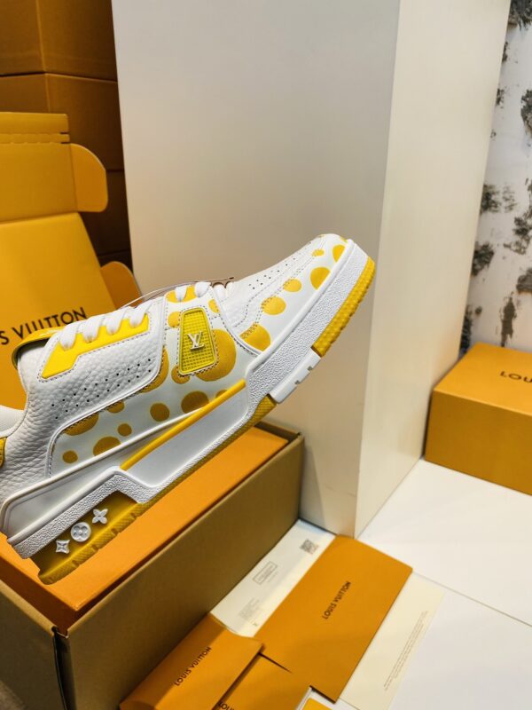 White & Yellow Polka Dot Low-Top Leather Sneakers