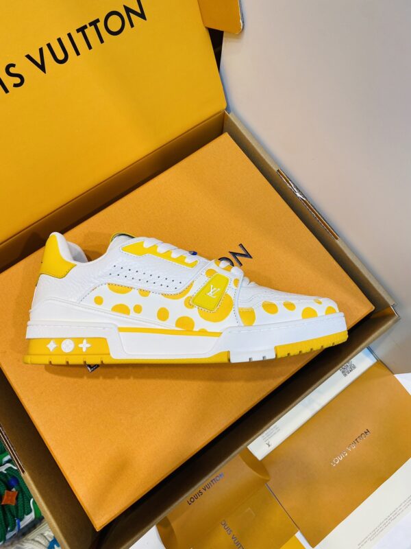 White & Yellow Polka Dot Low-Top Leather Sneakers
