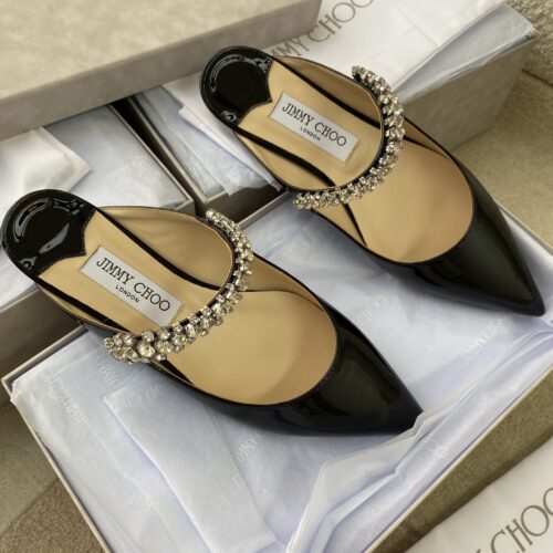 Jimmy Choo Bing Flat Black Patent Leather Crystal-Embellished Pointed-Toe Mules