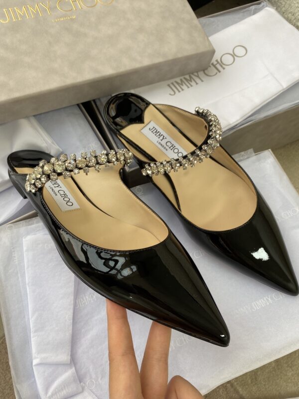 sy_no_4FC51C1E0D6253CF2F6CC4CFF219286C_1 Jimmy Choo Bing Flat Black Patent Leather Crystal-Embellished Pointed-Toe Mules