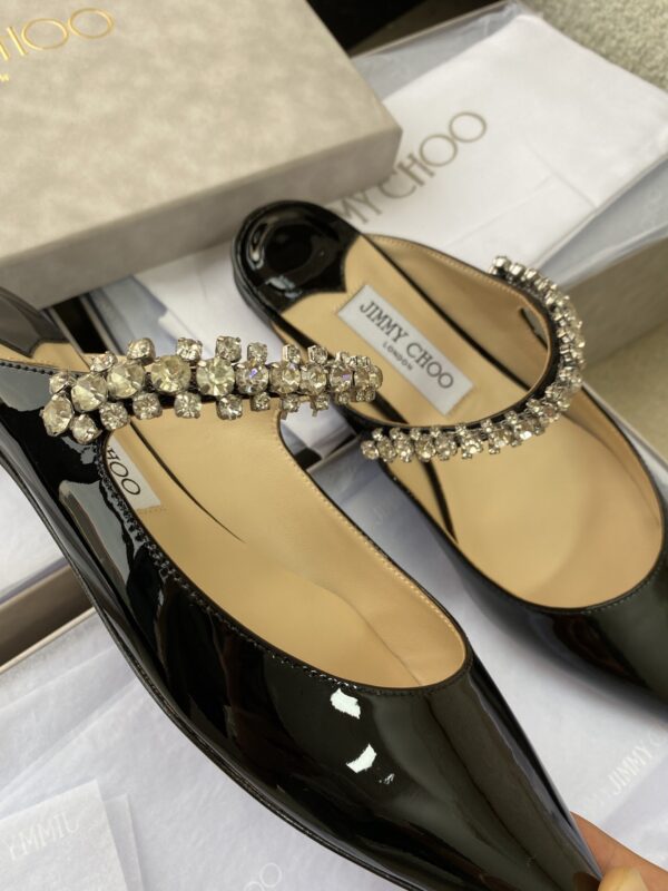 sy_no_4FC51C1E0D6253CF2F6CC4CFF219286C_7 Jimmy Choo Bing Flat Black Patent Leather Crystal-Embellished Pointed-Toe Mules