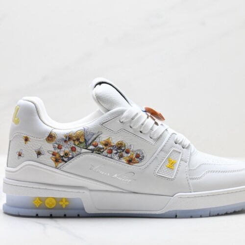 sy_no_5558F483CE6D19D443559427558F9D7D_0 Louis Vuitton LV Trainer White & Ice Blue Floral Embroidery Sneakers