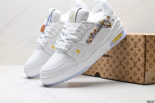 Louis Vuitton LV Trainer White & Ice Blue Floral Embroidery Sneakers