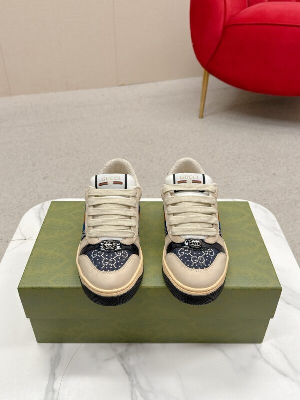 sy_no_5691E28FD90E5C82B1BB207590536726_0 Gucci Screener Crystal GG Denim & Beige Suede Sneaker – Blue / Beige