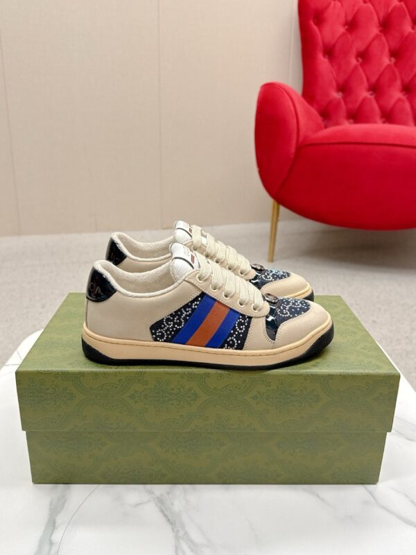 sy_no_5691E28FD90E5C82B1BB207590536726_1 Gucci Screener Crystal GG Denim & Beige Suede Sneaker – Blue / Beige