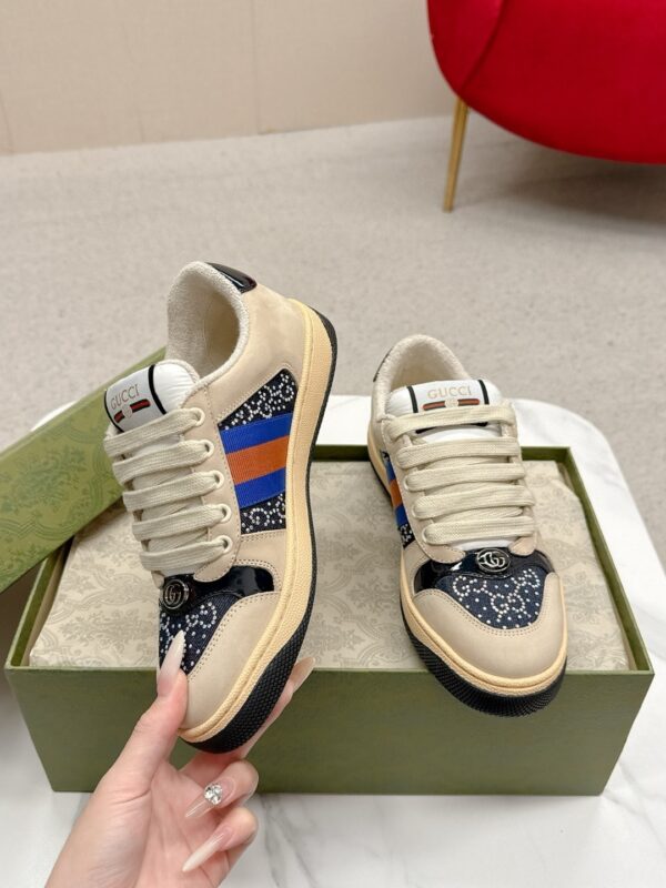 sy_no_5691E28FD90E5C82B1BB207590536726_2 Gucci Screener Crystal GG Denim & Beige Suede Sneaker – Blue / Beige