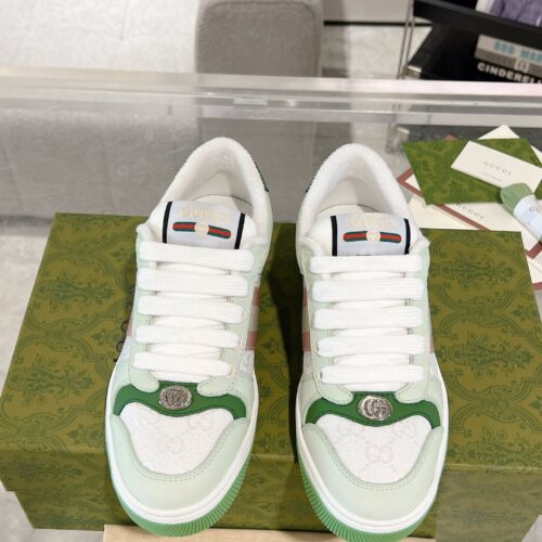 Gucci Screener Sneaker in Mint Green Leather & White GG Canvas with Pink Web Stripe