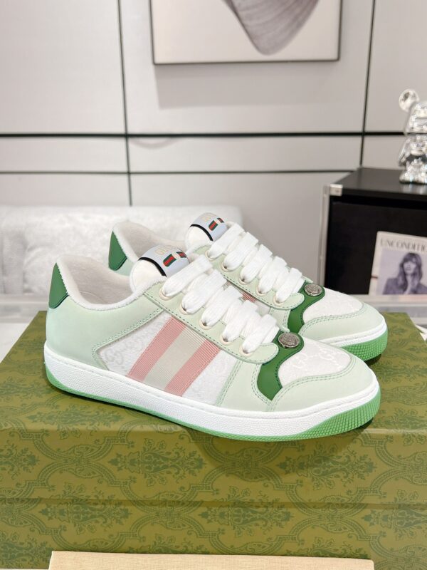 sy_no_56DE7300125705235038A673825D4097_1 Gucci Screener Sneaker in Mint Green Leather & White GG Canvas with Pink Web Stripe