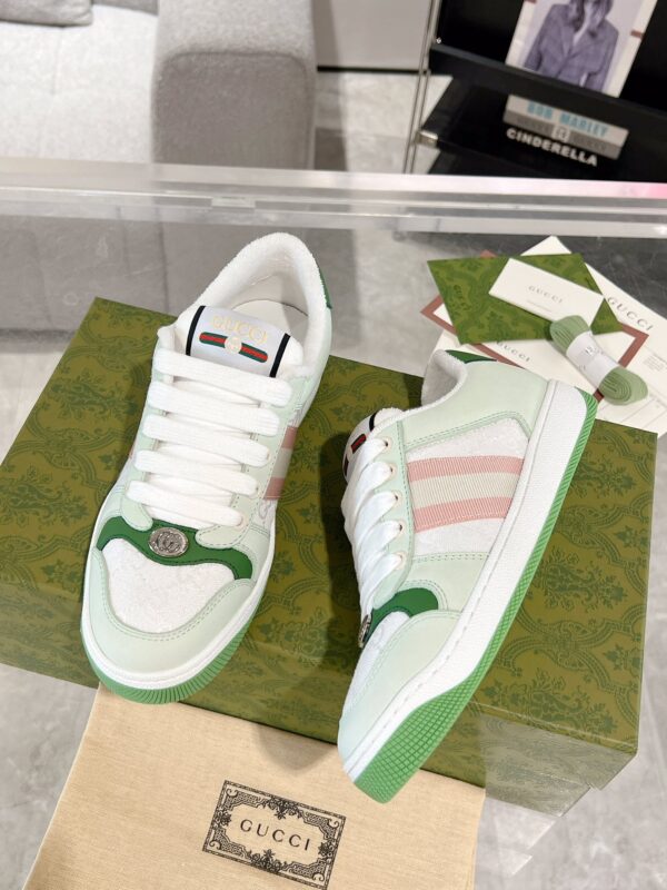 sy_no_56DE7300125705235038A673825D4097_2 Gucci Screener Sneaker in Mint Green Leather & White GG Canvas with Pink Web Stripe