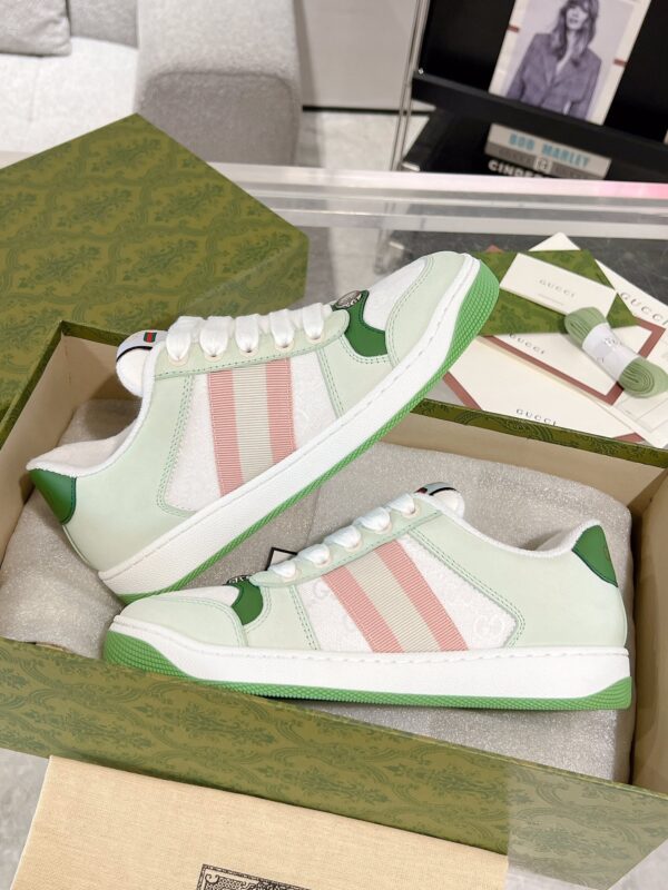 sy_no_56DE7300125705235038A673825D4097_3 Gucci Screener Sneaker in Mint Green Leather & White GG Canvas with Pink Web Stripe