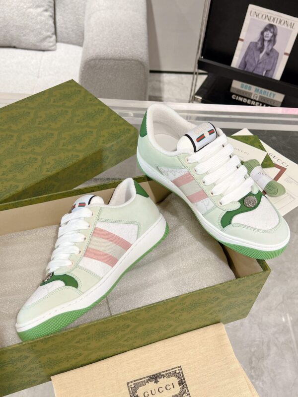 sy_no_56DE7300125705235038A673825D4097_4 Gucci Screener Sneaker in Mint Green Leather & White GG Canvas with Pink Web Stripe