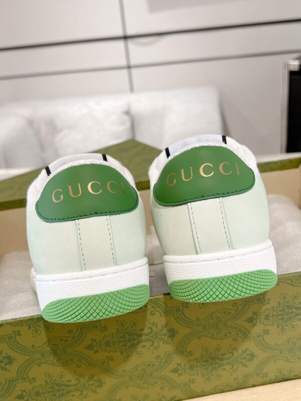 sy_no_56DE7300125705235038A673825D4097_5 Gucci Screener Sneaker in Mint Green Leather & White GG Canvas with Pink Web Stripe