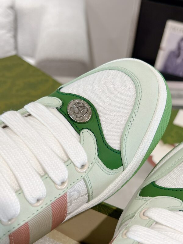 sy_no_56DE7300125705235038A673825D4097_6 Gucci Screener Sneaker in Mint Green Leather & White GG Canvas with Pink Web Stripe