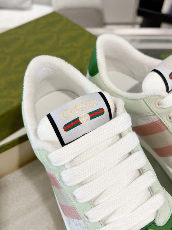 sy_no_56DE7300125705235038A673825D4097_7 Gucci Screener Sneaker in Mint Green Leather & White GG Canvas with Pink Web Stripe