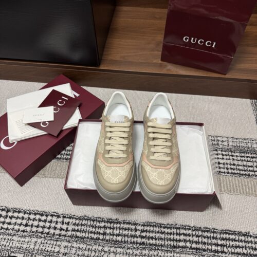 sy_no_5BD8B64E4AFA219AD1CE7660ED949419_0 Gucci Re-Web Sneaker in Beige GG Canvas with Tan/Pink Leather Trim & Grey Sole