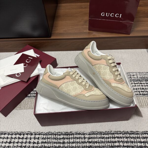 sy_no_5BD8B64E4AFA219AD1CE7660ED949419_1 Gucci Re-Web Sneaker in Beige GG Canvas with Tan/Pink Leather Trim & Grey Sole
