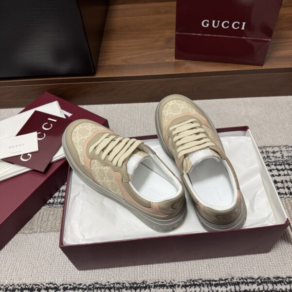 sy_no_5BD8B64E4AFA219AD1CE7660ED949419_2 Gucci Re-Web Sneaker in Beige GG Canvas with Tan/Pink Leather Trim & Grey Sole