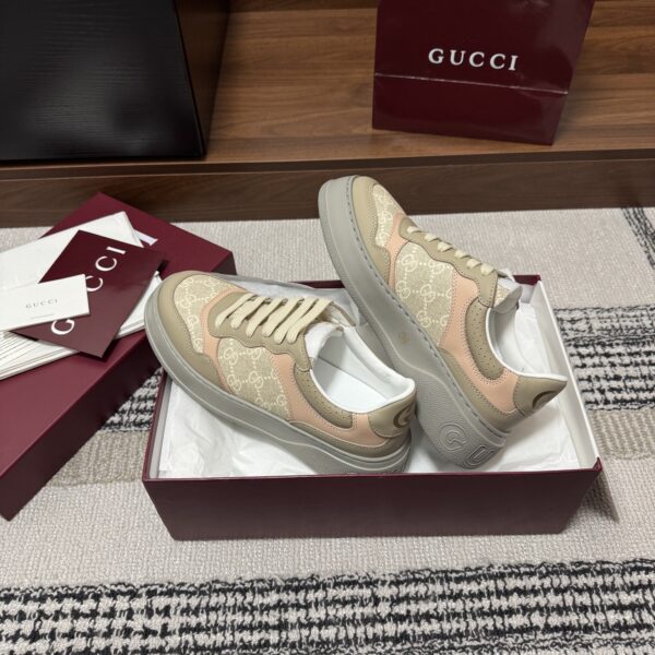 sy_no_5BD8B64E4AFA219AD1CE7660ED949419_5 Gucci Re-Web Sneaker in Beige GG Canvas with Tan/Pink Leather Trim & Grey Sole
