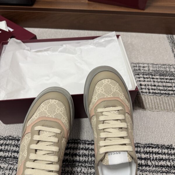 sy_no_5BD8B64E4AFA219AD1CE7660ED949419_7 Gucci Re-Web Sneaker in Beige GG Canvas with Tan/Pink Leather Trim & Grey Sole