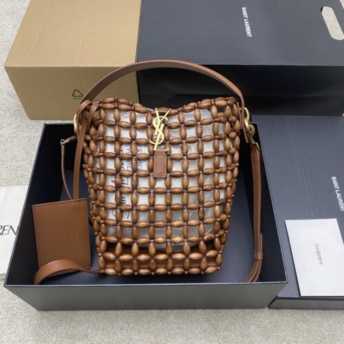 YSL Brown Wood Bead Woven Bucket Bag