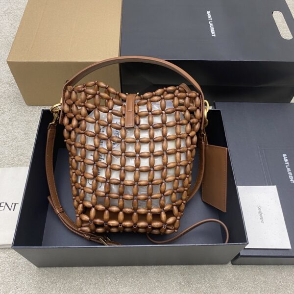 sy_no_5CDE0BD038AEA70C60A3E91DA1960808_1 YSL Brown Wood Bead Woven Bucket Bag