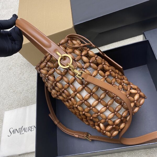 sy_no_5CDE0BD038AEA70C60A3E91DA1960808_2 YSL Brown Wood Bead Woven Bucket Bag