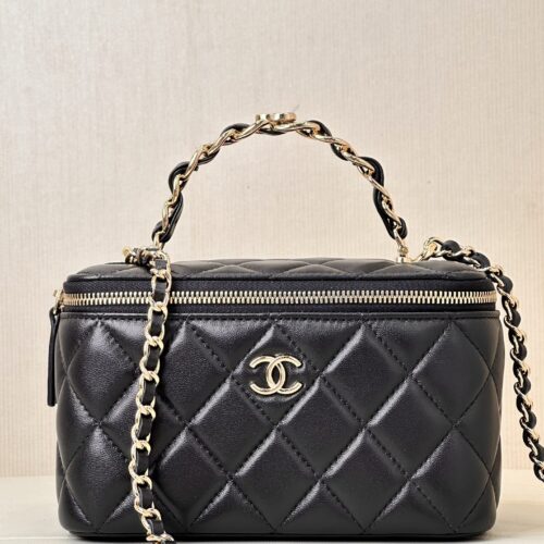 sy_no_60589EF1A17AC215607838F4CE0D7199_0 Chanel Quilted Box Bag / Vanity Case with Double-C Logo and Leather-Woven Chain (Handheld, Shoulder, or Crossbody)