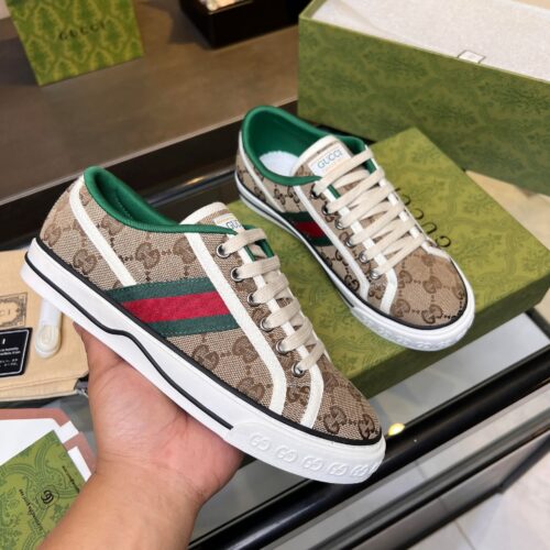 sy_no_6357560BEAF084682B4C078E68F535F9_0 Gucci Tennis 1977 Canvas Sneaker in Beige GG Canvas with Green & Red Web