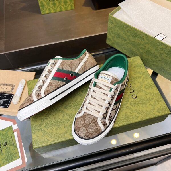 sy_no_6357560BEAF084682B4C078E68F535F9_4 Gucci Tennis 1977 Canvas Sneaker in Beige GG Canvas with Green & Red Web