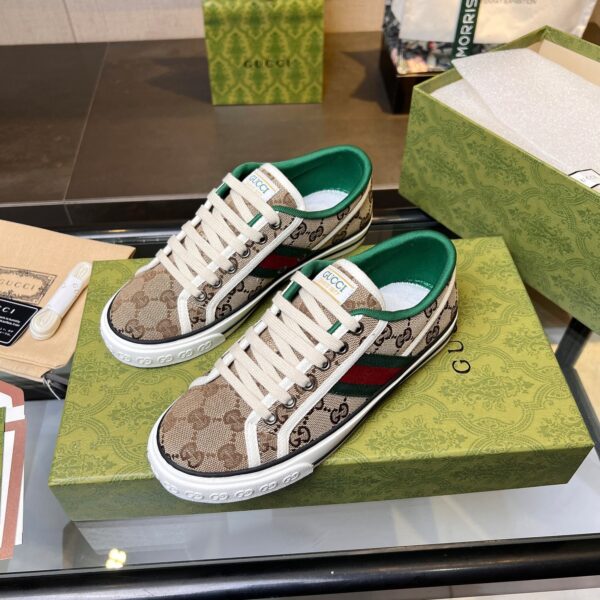 sy_no_6357560BEAF084682B4C078E68F535F9_5 Gucci Tennis 1977 Canvas Sneaker in Beige GG Canvas with Green & Red Web