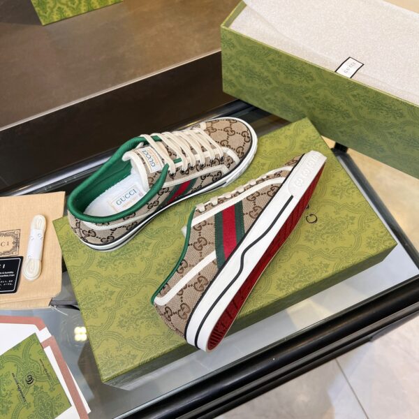 sy_no_6357560BEAF084682B4C078E68F535F9_6 Gucci Tennis 1977 Canvas Sneaker in Beige GG Canvas with Green & Red Web