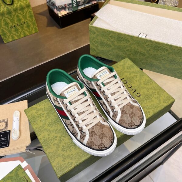 sy_no_6357560BEAF084682B4C078E68F535F9_7 Gucci Tennis 1977 Canvas Sneaker in Beige GG Canvas with Green & Red Web