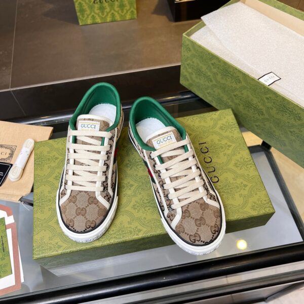 sy_no_6357560BEAF084682B4C078E68F535F9_8 Gucci Tennis 1977 Canvas Sneaker in Beige GG Canvas with Green & Red Web
