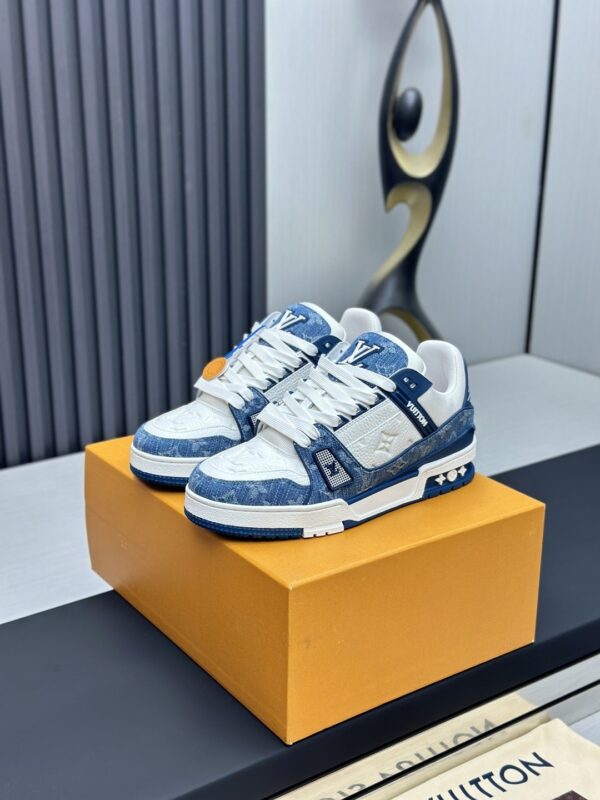 Blue & White Denim Monogram Low-Top Sneakers