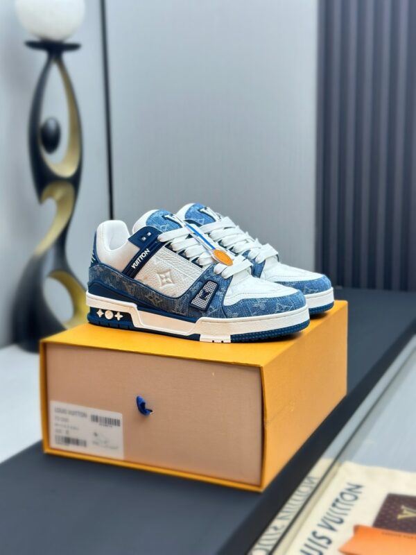 Blue & White Denim Monogram Low-Top Sneakers