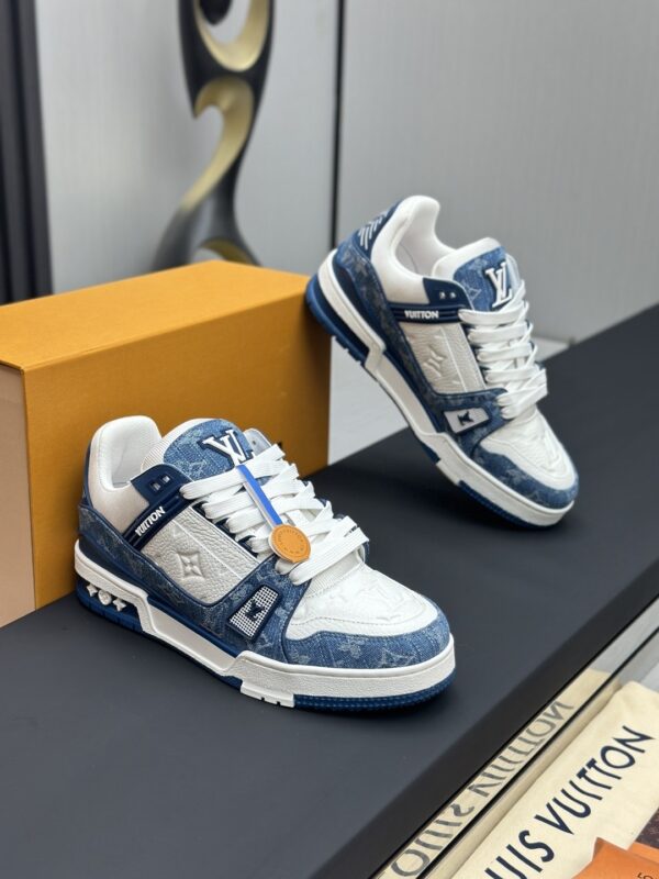 Blue & White Denim Monogram Low-Top Sneakers
