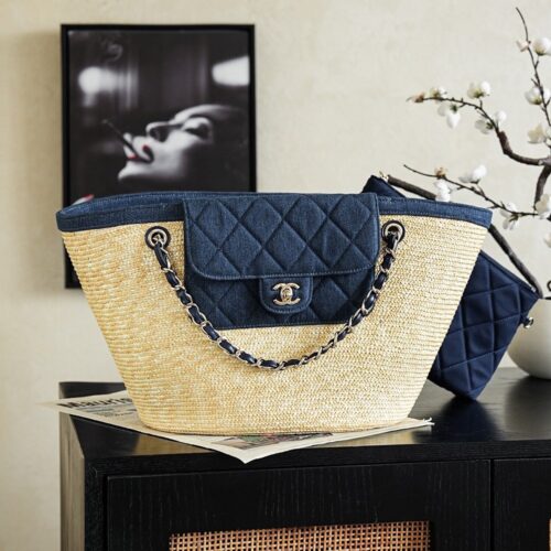 Denim Blue Large Straw Basket Tote