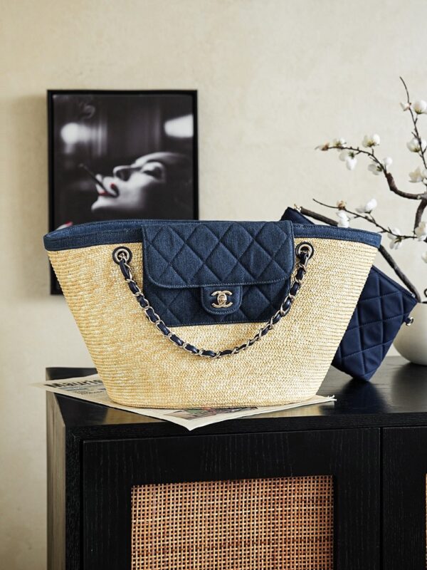 Denim Blue Large Straw Basket Tote
