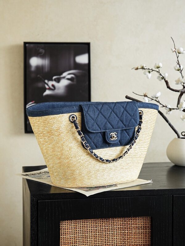 Denim Blue Large Straw Basket Tote