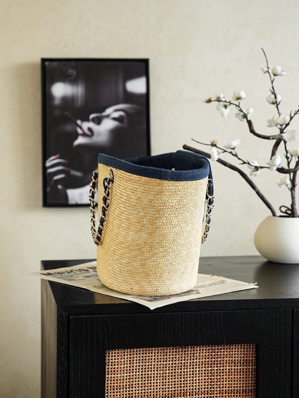 Denim Blue Large Straw Basket Tote