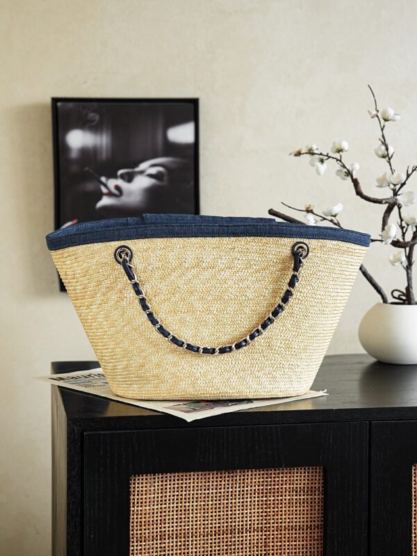 Denim Blue Large Straw Basket Tote