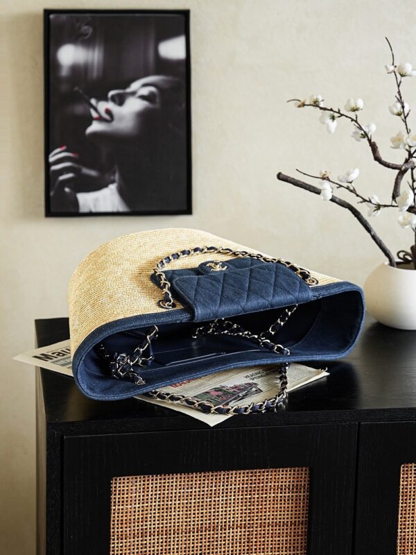 Denim Blue Large Straw Basket Tote