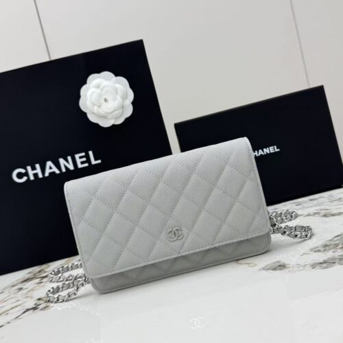 Gray Quilted Textured Calfskin WOC Chain Wallet