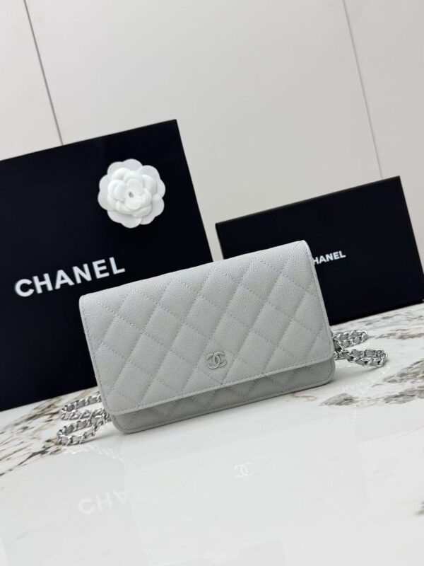 sy_no_67E362A06813A5F4CBB2A80C608267D7_0 Gray Quilted Textured Calfskin WOC Chain Wallet