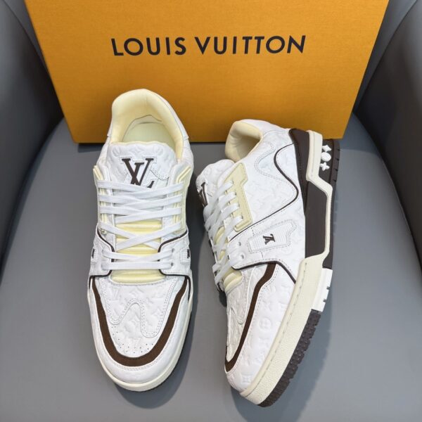 sy_no_69E0B7A5329A61E55AFBAFCD8554FDDE_1 Louis Vuitton LV Trainer White & Chocolate Brown Monogram Embossed Leather Sneakers